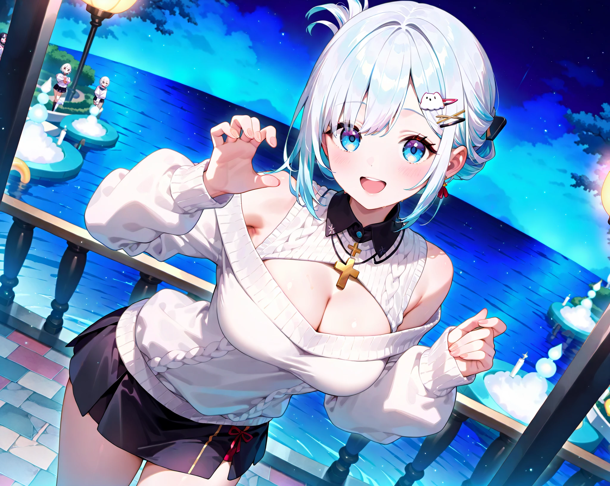 (pov Swimwear style) (beautiful body), (solo:2, 16 yo, hime cut silver hair hair long hair divine fighter girl, cool red eyes, serious face, medium tits), (in a Crystalline detailed one piece Layered Dress swimsuit, detailed sequin body chain), break, in the summer Swimsuit contest show venue, background Double Exposure beautiful ocean, BREAK, perfect anatomy, masterpiece, best quality, 16k, beautiful detailed love, sexy, daydreaming expression.