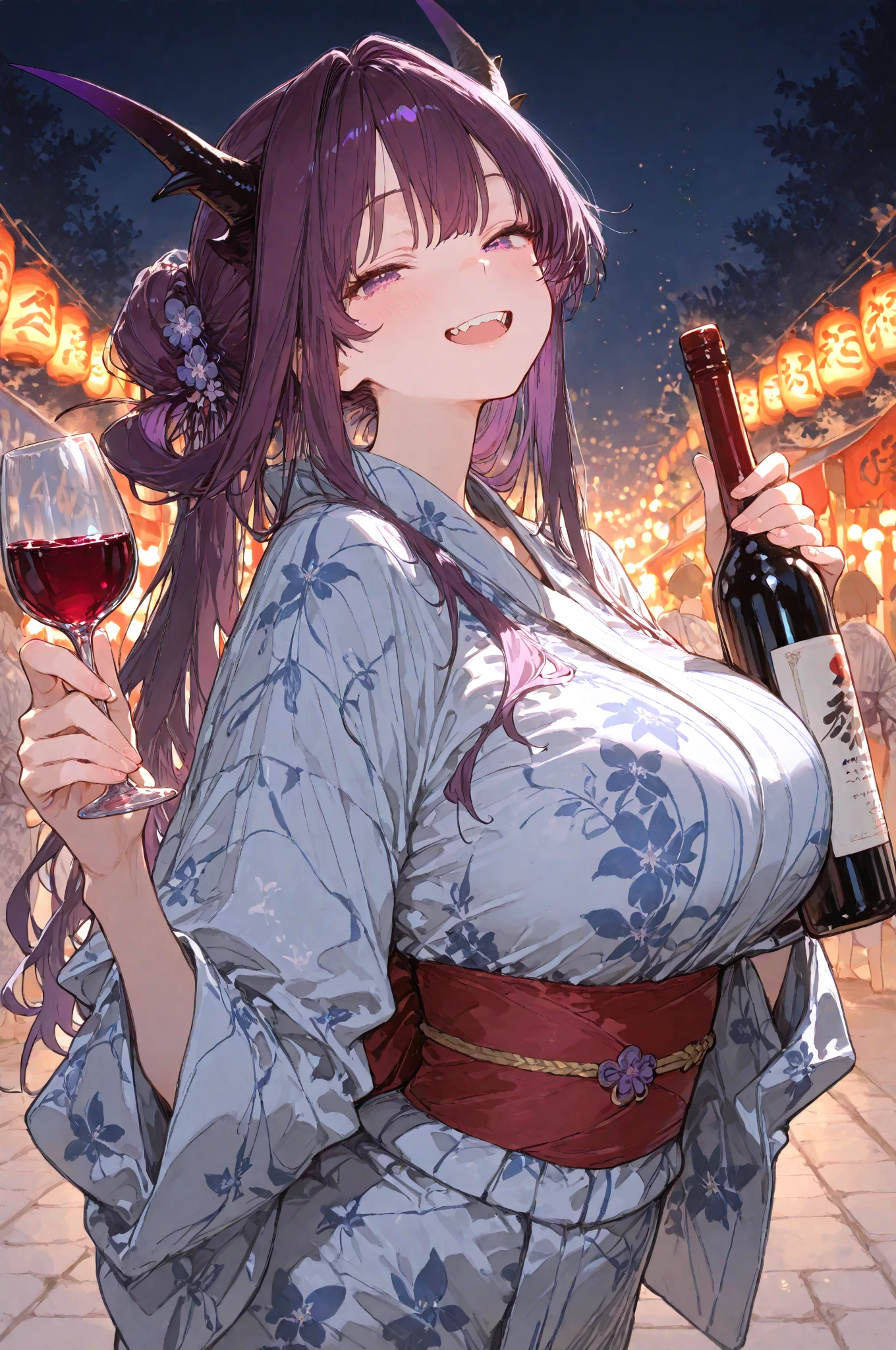 japanese anime girl in kimono holding wine bottle with text, 1girl, breasts, smile, solo, long hair, sash, bare shoulders, japanese clothes, black hair, looking at viewer, bottle, holding, obi, kimono, grin, black choker, purple eyes, choker, collarbone, off shoulder, outdoors, cleavage, night, floral print, thighs