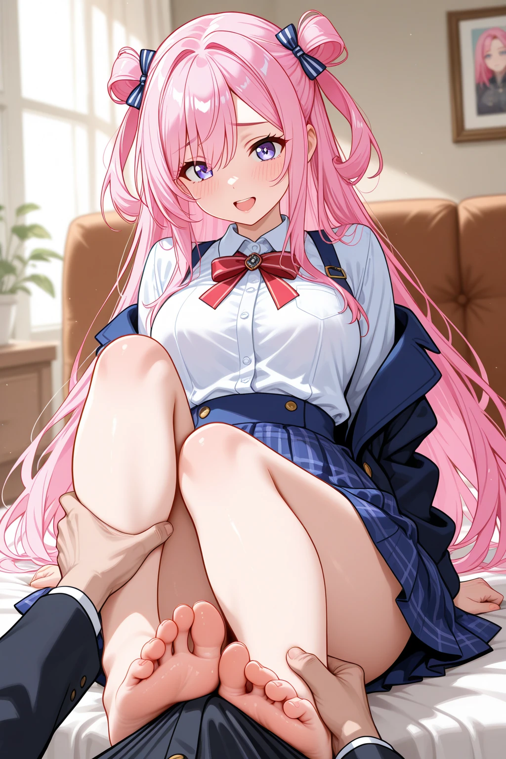 (score_9, score_8_up, score_7_up, score_6_up:1.2), (ai-generated:1.2), (Maximize Detail Slider:1.2), (Insanely Detailed:1.2), (VRAY super realistic:1.8), (source_anime:1.2), (Natural Skin Textures:1.6) BREAK AND 1girl, breasts, blush, long hair, (rape face:1.7), bangs, large breasts, pink hair, bare thighs, gloves, 1boy, (deep penetration:1.5), purple eyes, hetero, (thick thighs:1.6), lying, realistic penis (interracial:1.5), puffy pussy lips, solo focus, white gloves, spread legs, sex, fingerless gloves, nail polish, (vaginal penetration:1.5), uncensored, black skirt, white cardigan, skirt, on bed, on side, leg up, testicles, covered breasts, clothed sex, blue nails, clothed female nude male, high ponytail, neck ring, bangs, sangonomiya kokomi \(genshin impact\), hu tao \(genshin impact\), cinematic light, shallow depth of field, photographed on a Nikon P9000, 77mm F/5.6 Canon EF lens, sharp focus, cinestill 800T, (highly detailed, intricately detailed), HDR, 8k, cinematic film still from [indoors|bedroom].