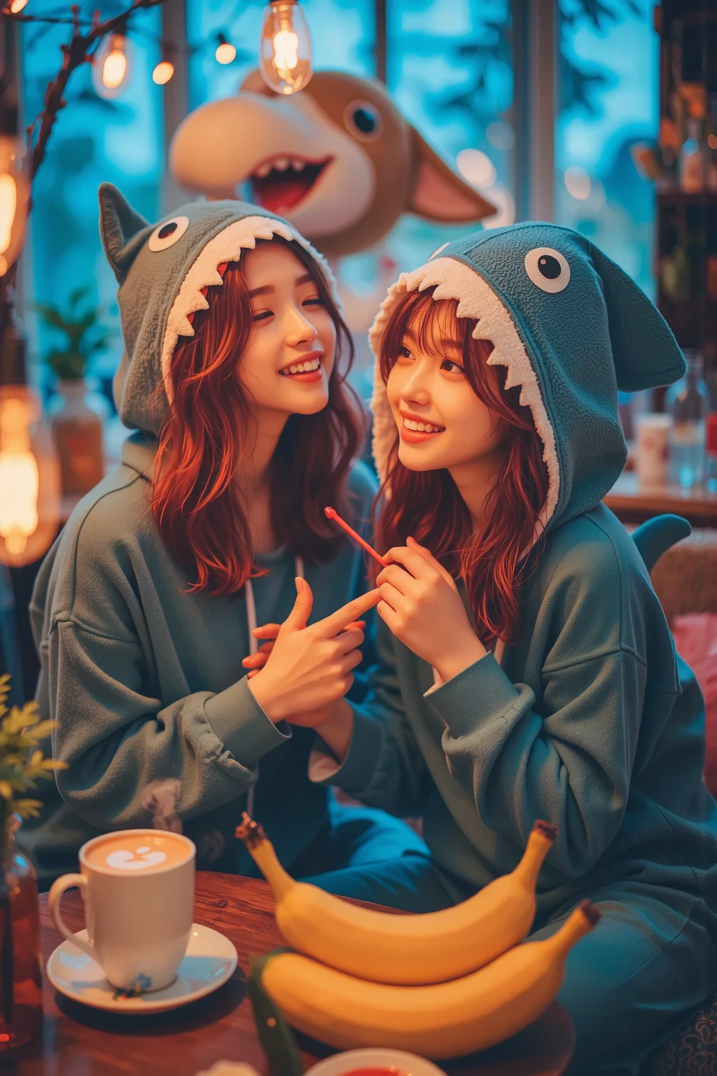 \(Style\): { ((masterpiece)), (best quality), highres, absurdres, RAW photo, professional, 8k, uhd, dslr, soft lighting, high quality, film grain, Fujifilm XT3, vivid_colors},
\(Composition\): { 2girls, (grabbing another:1.3), yuri, girlA is grabbing girlB from behind, depth of field, accent lighting, faded, misty soft colors, (soft focus:1.1), <lyco:Yuri_breast_touching_clothedV2:0.69>} BREAK
\(Appearence\): {
(1girl, GirlA, short hair, black hair, black eyes, (onepiece black wolf kigurumi|pajamas, animal ears, fake wolf ears, plush paws, fake wolf tail):1.2)
and
(1girl, GirlB, lips, open mouth, medium hair, blonde hair, blue eyes, (onepiece white rabbit kigurumi|pajamas, animal ears, fake rabbit ears))
},
\(GirlA clothing\): { (onepiece black wolf kigurumi|pajamas, animal ears, fake wolf ears, plush paws, fake wolf tail):1.2 },
\(GirlB clothing\): { (onepiece white rabbit kigurumi|pajamas, fake rabbit ears) },
\(GirlA Behavior\): { (grabbing another:1.3), (grabbing from behind), smiling, (looking at another)},
\(GirlB Behavior\): { surprised },
\(Pose\): { (standing, grabbing another, grabbing from behind) },
\(Location\): {(arctic outdoors, ((igloo village)), snowy forest, standing besides igloo entrance)}