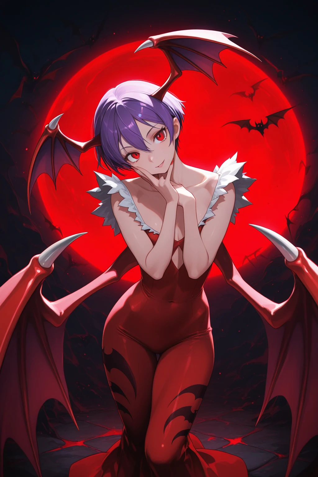 masterpiece, high quality, absurdres,
solo, looking at viewer, floating, night sky, moon, moonlight, smile, outstretched hand, from below, starry sky,
<lora:Lilith_Aensland_IL:1> lilith (darkstalkers), animal print, bare shoulders, bat print, bat wings, demon girl, elbow gloves, flat chest, gloves, head wings, leotard, blue pantyhose, print pantyhose, short hair, wings, medium hair,