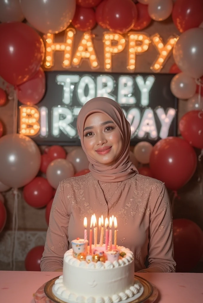 Full HD photography moment, beautiful 20 year old Indonesian woman wearing a hijab, loose green sahr'i Muslim clothes with black gradient, high hackle, sitting relaxed in a luxurious chair, luxurious table there is a bright black birthday cake with the words "HBD SHAfirA 21," on it BRIGHT light green room, background with a birthday feel, balloons piled up below, luxurious chandelier and a large painting of a woman wearing a hijab, teddy bears AND other DOLL's big, cute, cute, facing forward, healing smile