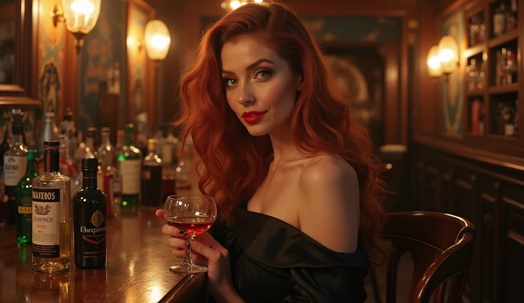 portrait of a woman (((long red hair))) Profile, with wine lipstick and wine dress