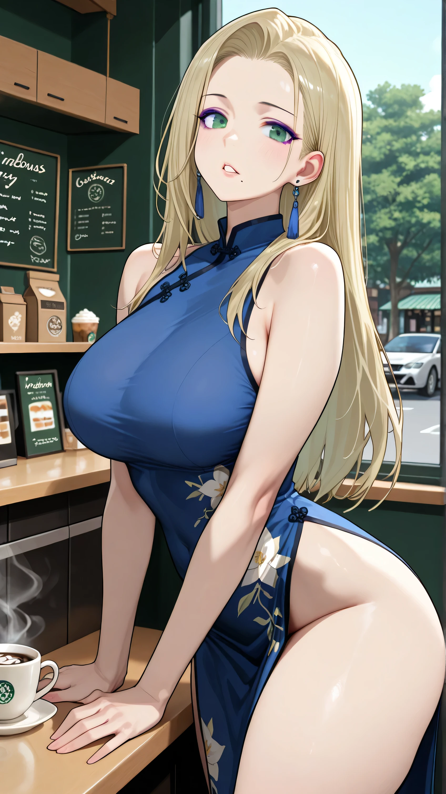 ((Best Quality)), ((masterpiece)), (Super detailed) ((anime)) , 1 girl,BBW,plump woman with loose blonde hair,Dark skin, big breasts,big thighs,smiling with a milkshake in hand,animal print fitted dress,view from below