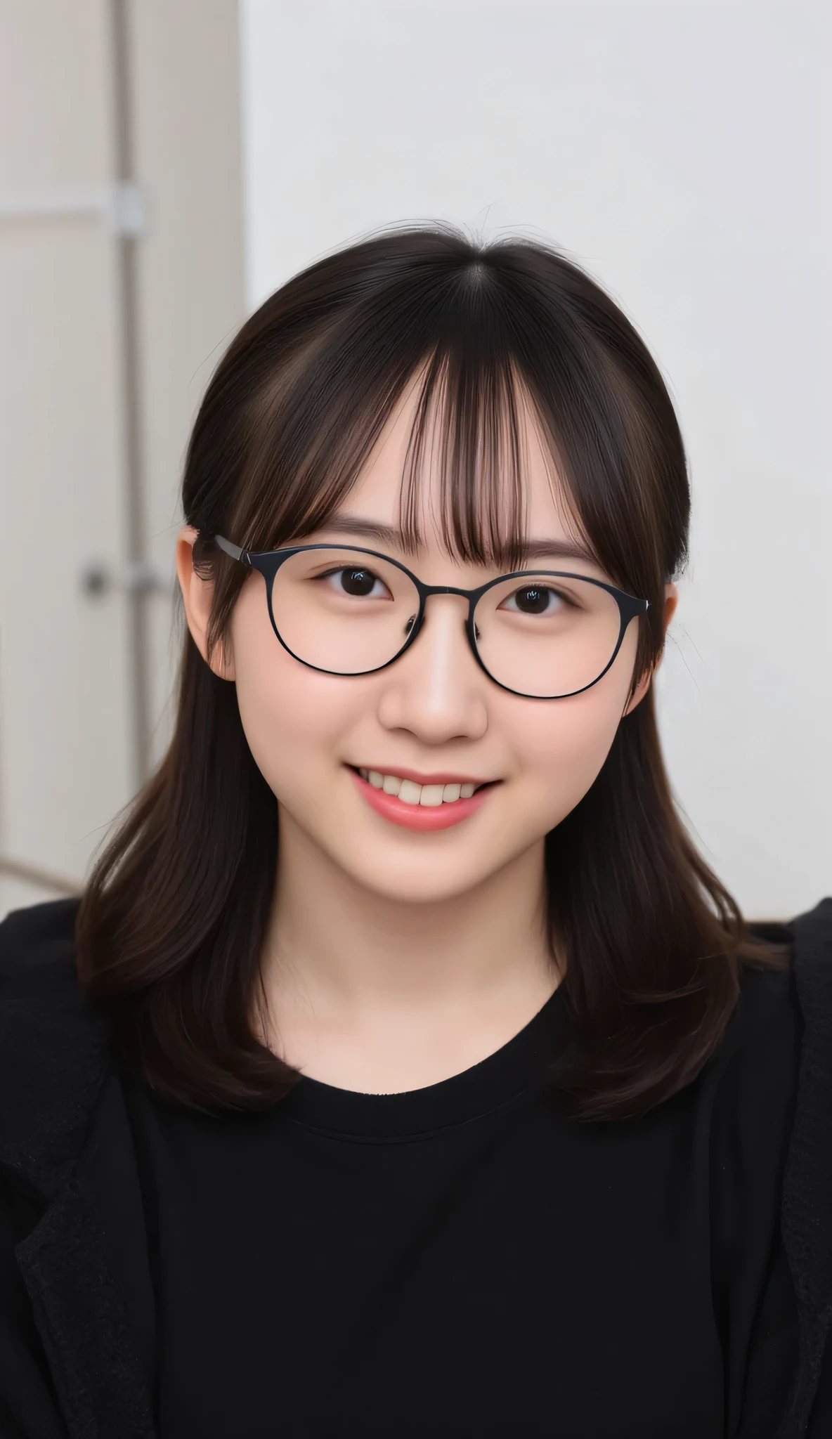 1girl, Solo, High Resolution, Masterpiece, Anatomically Correct, Accurate, real proportions, detailed skin, detailed face, Best Quality, real life style, black hair, bob hair, glasses, black clothing, portrait, tween