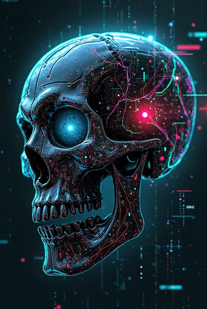 A close-up of a skull robot with a futuristic face and purple light, psychedelic organic cyborg, cyberpunk art style, portrait of a cyberpunk machine, cybernetic brilliance, advanced digital cyberpunk art, cybernetic demonic dream, futuristic art style, cyberpunk art style, cyberpunk themed art, cyberpunk face, beautiful biomechanical djinn, portrait of a space cyborg