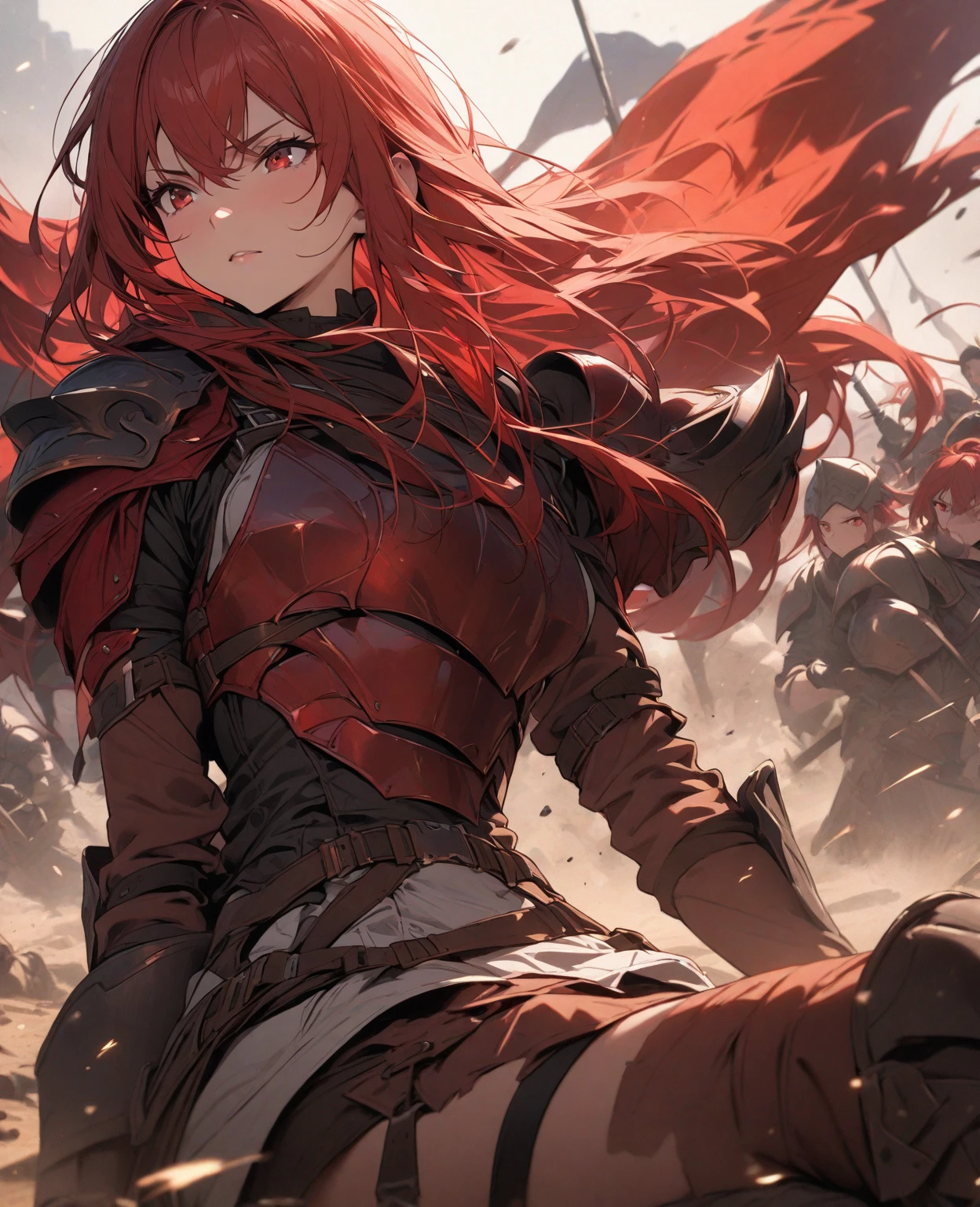 berserker, best quality, super detailed, Illustration, Super Detailed Face, Wild, 30 years old, adult woman, angry, bandaged, scar, messy red hair, Wild costume, Pelzmantel, Long Boots, Lower abdomen tattoo, Hunting knife, Pelzschmuck, Intricate detailing