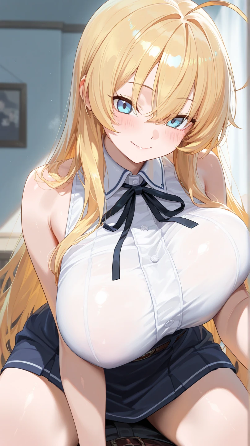 (One girl), Beautiful smile,(Wink:2.0),Blushing,Close your mouth,Glossy Lips,Abstract, School, masterpiece, highest quality, so beautiful, Absurd, up to date, Complex details, Pink long nails,AI-generated, Complex,High resolution, highest quality, super high quality,3D Images、View the viewers、3D Images,one person,Long Blonde Hair,blue eyes,Anime girl posing for photo, [[Fine grain、Colorful eyes、Shining Eyes:1.15]],(Squint your eyes:1.1),a hyperRealistic , hyperRealistic , Realistic , blonde anime girl with long hair, Smooth anime CG art, Beautiful anime school girl,White long sleeve blouse,Blue checked skirt,Big blue chest ribbon, Earrings,(Large Breasts:1.3), Mature Body,Fine details,Abdominal muscles,Touching your hair with your hands,(Tilt your face)
