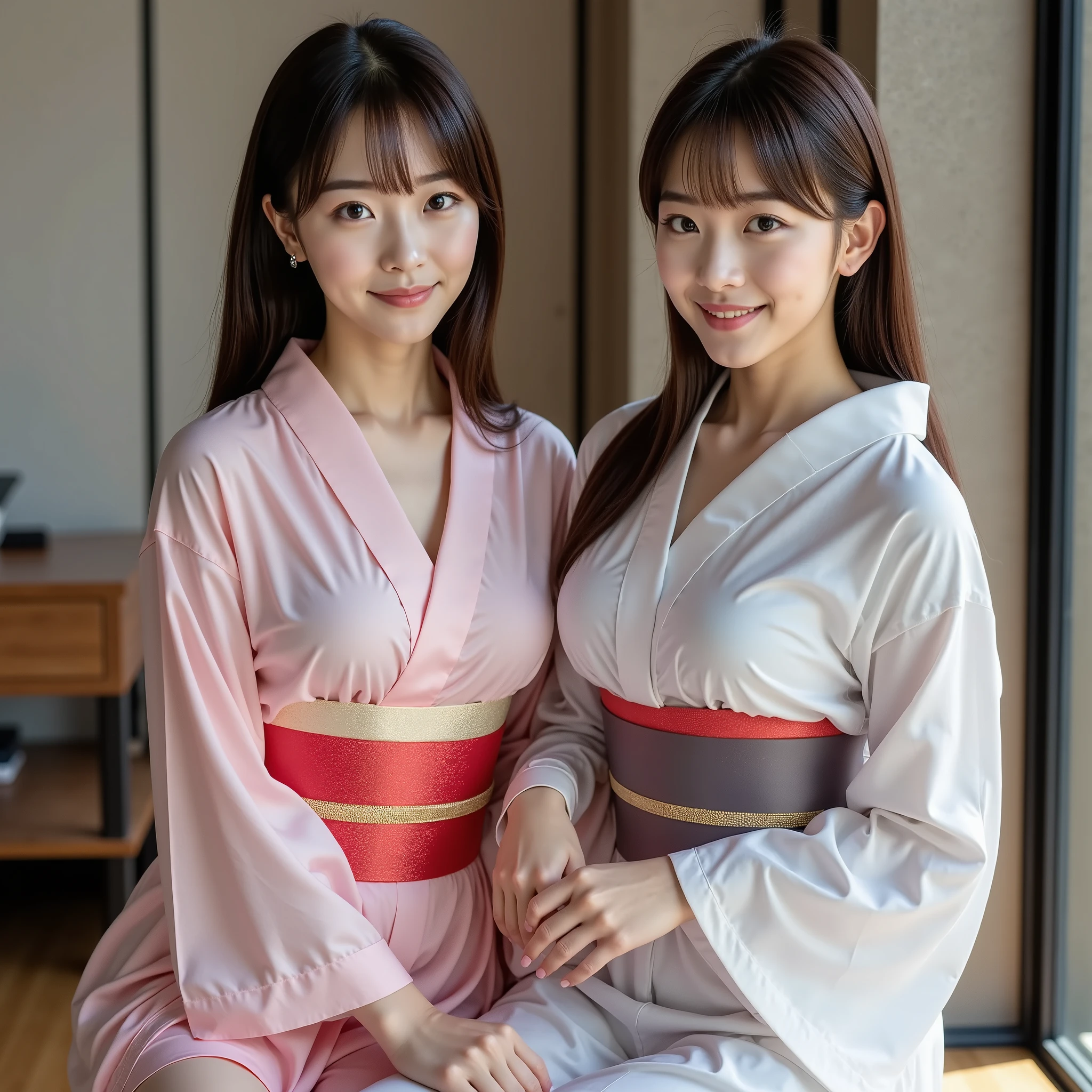 Ghost costume , kimono with the image of a bride, kimono, realistic photo, top quality, HIGH DEFINITION, highest masterpiece , Focused Cannon EOS 5D Mark IV, 2 beautiful slender Japanese women, BREAK,
(2 beautiful slender Japanese women:1.10), (2 women each have different faces but are beautiful:1.8), (Silk mini kimono:1.3), 2 women each have a fluorescent random color silk image kimono {x} portrait taken with a clear focus from head to ankle in a full body shot, (2 women surround the viewer:1.6), turn your body towards the viewer, BREAK,
(Studio lighting that illuminates the entire person:1.10), In the hotel room, BREAK,
constricted waist in a mountain cabin, firm abs, perfect face, ponytail, F-cup Chest Enhancing Outfit, each woman has a random long hairstyle, ponytail, semi-long straight, loose wound long hair,