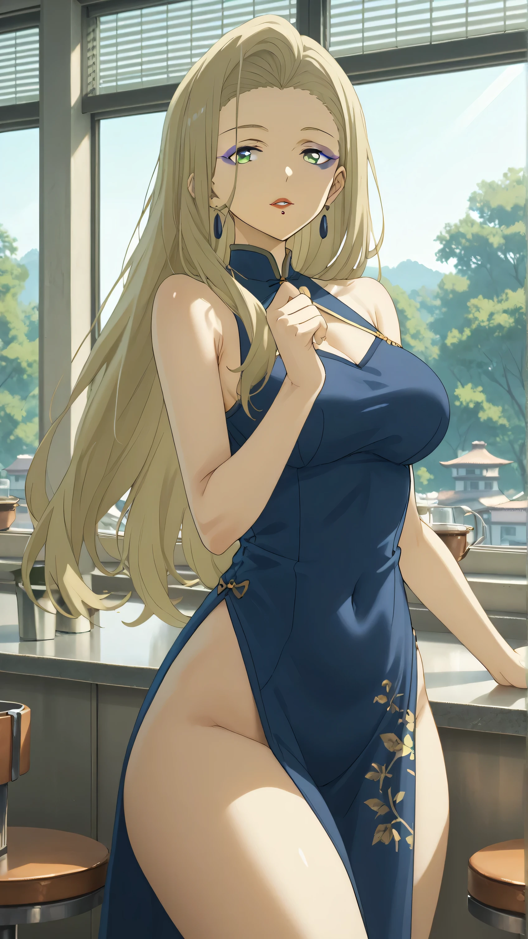 Zaphn, incredibly absurdres, best quality, 8k wallpaper, highly intricate details, looking at viewer, mature female character, 1girl, rolling eyes, medium breasts, cleavage, gold hair, Godiva Hair, (fusion between ponytail and okappa:1.4), wearing open robe with hoop earrings and locket, sitting at a table, holding a cup with a straw, drinking, sipping, hell, finely detailed background, amazing background