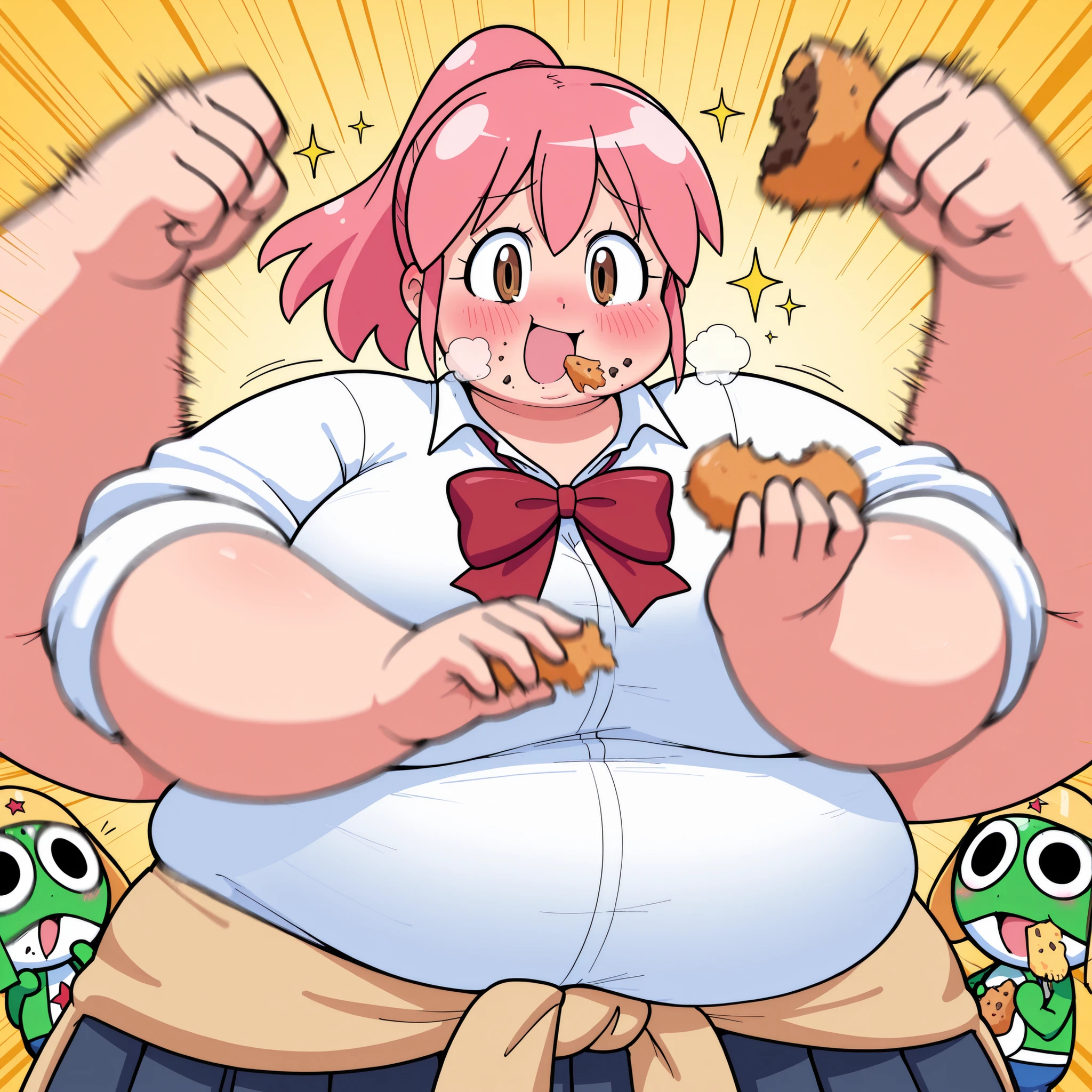 Natsumi hinata(Keroro) ,, , pink hair,, brown eyes,, smug, sparkle,, large breasts,white shirt,red bow,sleeves rolled up,sweater around waist,pleated_skirt,BREAK, tones of food, rush with food,food rush,multiple hands with food, multiple food,,hands with food,(motion_blur:1.2),(motion line:1.1),speed_lines, fat, chubby, obese, gigantic arms and legs, large breasts open mouth, out of breath eating food, blush, embarrassed, pov face, upper body, puffy cheek, food in mouth,