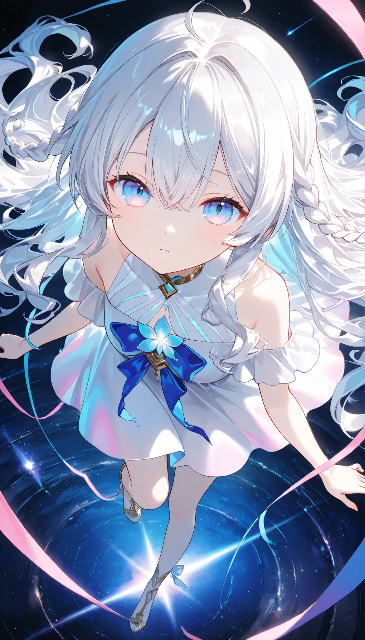 1 girl, white hair,Wavy Hair,long hair,carefully crafted hair braids,blue pink eyes,iridescent eyes,Game CG,,(Masterpiece), (best quality), (ultra-fine), super delicate skin,, Very Aesthetic, 4K, 8,000,shady environment,A sense of haze,painting texture,Ribbon,illustration,(Sea of Flowers), cool tones,white dress,The sky reflects the galaxy,night,full body, Super detailed face
