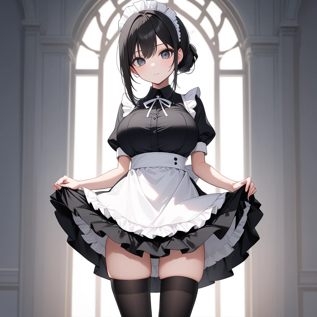 (((masterpiece, highest quality:1.3))),cowboy shot,25 year old beauty, solo,((very small head)),short bob hair,bangs,black hair,black eyes,sad,,medium breasts,(((very long body,slender body))),skinny,gleaming skin,oily skin,sweat,Love juice、japanese maid dress,mini skirt,white_thighhighs,standing,garden、Trees、Garden of a large old mansion、