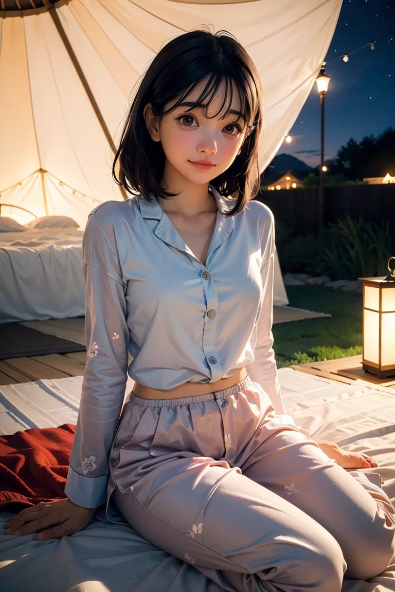 alta qualidade,surrealista,4k,8k,Extremely Detailed Expression, profissional, cores ricas, efeito bokeh,tenda,Glamping,pijamas,3 mulheres, Relaxar, Sorria Yan, quarto, luz quente ,soft anime-style atmosphere