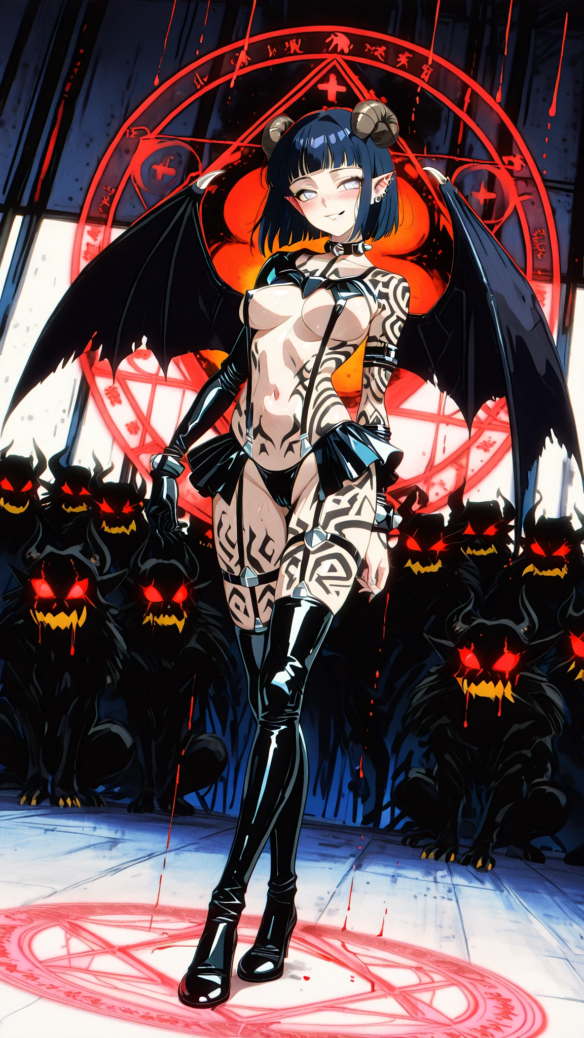 (masterpiece, best_quality, ultra-detailed, immaculate:1.3), epic, illustration, 1girl, (tactile Hermitpunk:1.3) succubus, wings, full body, lingerie, [:skimpy costume design,:0.2], official art, dark skin, studio bright beige lighting , in a aquatic, tropical warzone, bombshell hair, glowing sunset hair, hair ribbon, ojou-sama pose