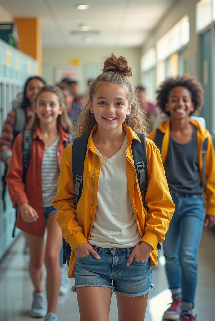 Jesse, (masterpiece: 1.2), (absurdres: 1.2),(best quality: 1.2), (young girl), (lines on face), short black hair, blunt bangs, blue eyes, ((yellow hoodie, pink skirt)), black thigh highs, smiling, ((solo)), cowboyshot, selfie, standing, classroom, chalkboard, anime screenshot,