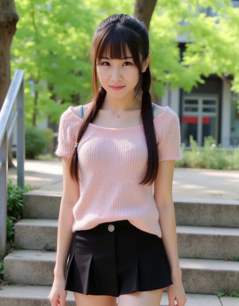 Close-up, masterpiece, highest quality, Complete Anatomy、Raw photo, Photorealistic、(Cute Face:1.5)、(Very cute smile:1.6)、(Round face:1.9)、(She has a cute face like an idol、Double teeth:1.3)、(Superhero、Tokusatsu Pink、Pink Ranger:1.5), Depth of written boundary, High resolution, Ultra-detailed, In detail, Very detailed, Very detailed目と顔, Realistic students, Sharp focus, Cinema Lighting、19-year-old female、(One Woman、solo)、 (Black-haired)、short hair、Curly Hair、Straight Bangs、Very detailed8k壁紙、Checkered pleated skirt、Please show me your whole body、(Puffy Panties:1.2)、Light-colored cute panties、White Sox、(Panties visible from under the skirt、Lift up the hem of your skirt with both hands、show panties to camera、The panties are digging into the pubic area.、Stripes are visible）、standing、Angle from below、(太もものClose-up)、(Good balance、Large bust、Big breasts, small waist)、Depth of written boundary、Background blur、Nipples、Nipplesポチ