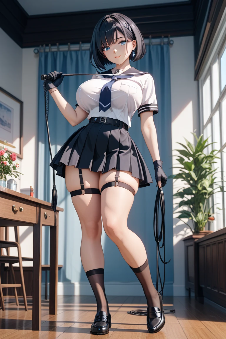 Prison School, Hana Midorikawa realistic version, wearing a provocative outfit, open prison jumpsuit, sweaty punctuated medium breasts, sweaty face, yellow iris eyes, short schoolgirl black skirt flying, sensuality and elegance, posing for a photo, prison outfit, blouse striped black and white prison, super realistic and detailed, prison saddle, prison bathroom, short straight orange hair with short straight bangs, perverted smile, perverted girl, very perverted look, handcuffs, bludgeon, restraints, chair, sexy poses provocative, black and white prisoner outfit, Full HD, best quality, a masterpiece, professional lighting, realistic style