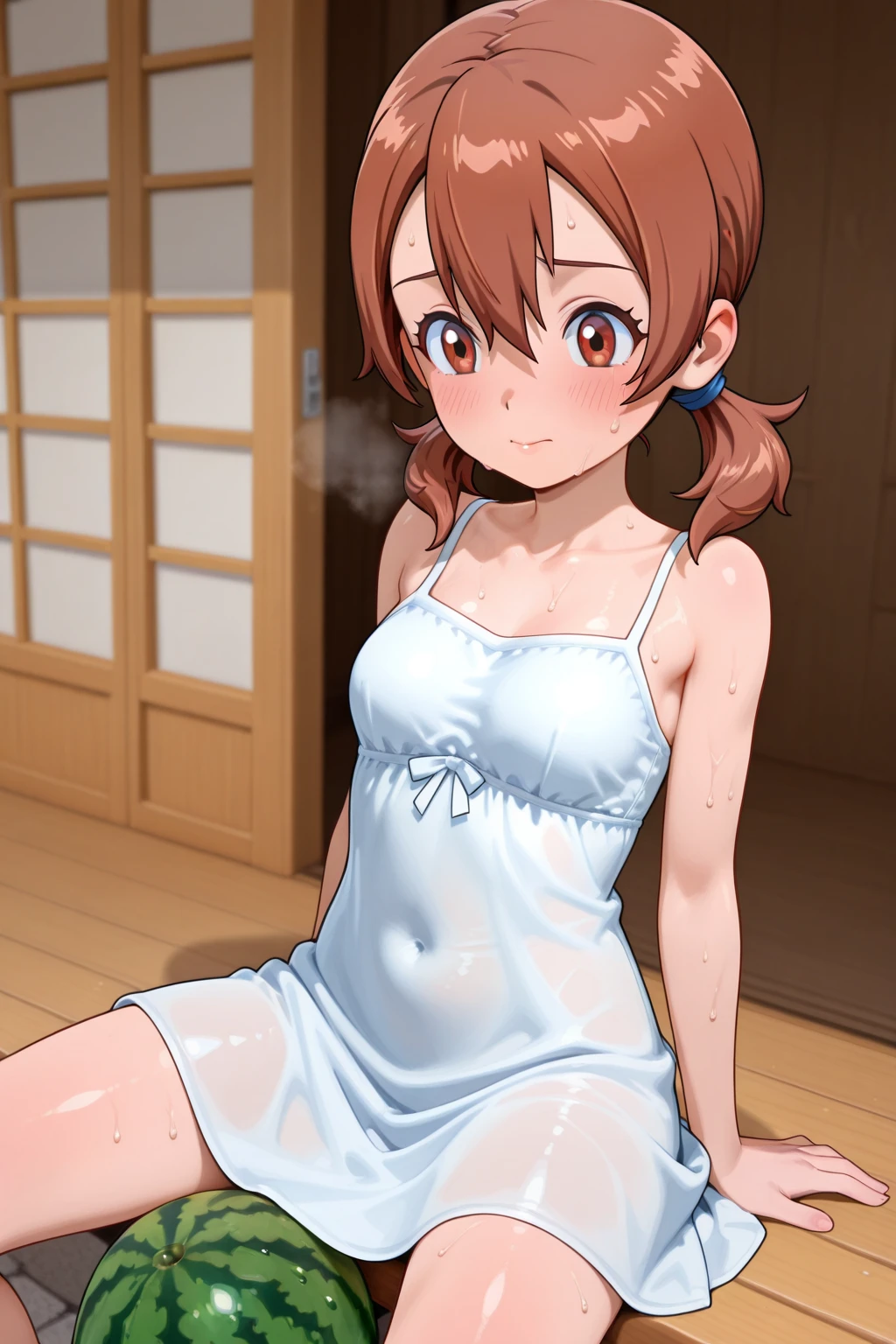 Honoka Kousaka,Laughter、Are standing,On the street, night,Under the moonlight、Wear only an apron、chest, (Bottomless:1.2),View your viewers,naked, I had already finished