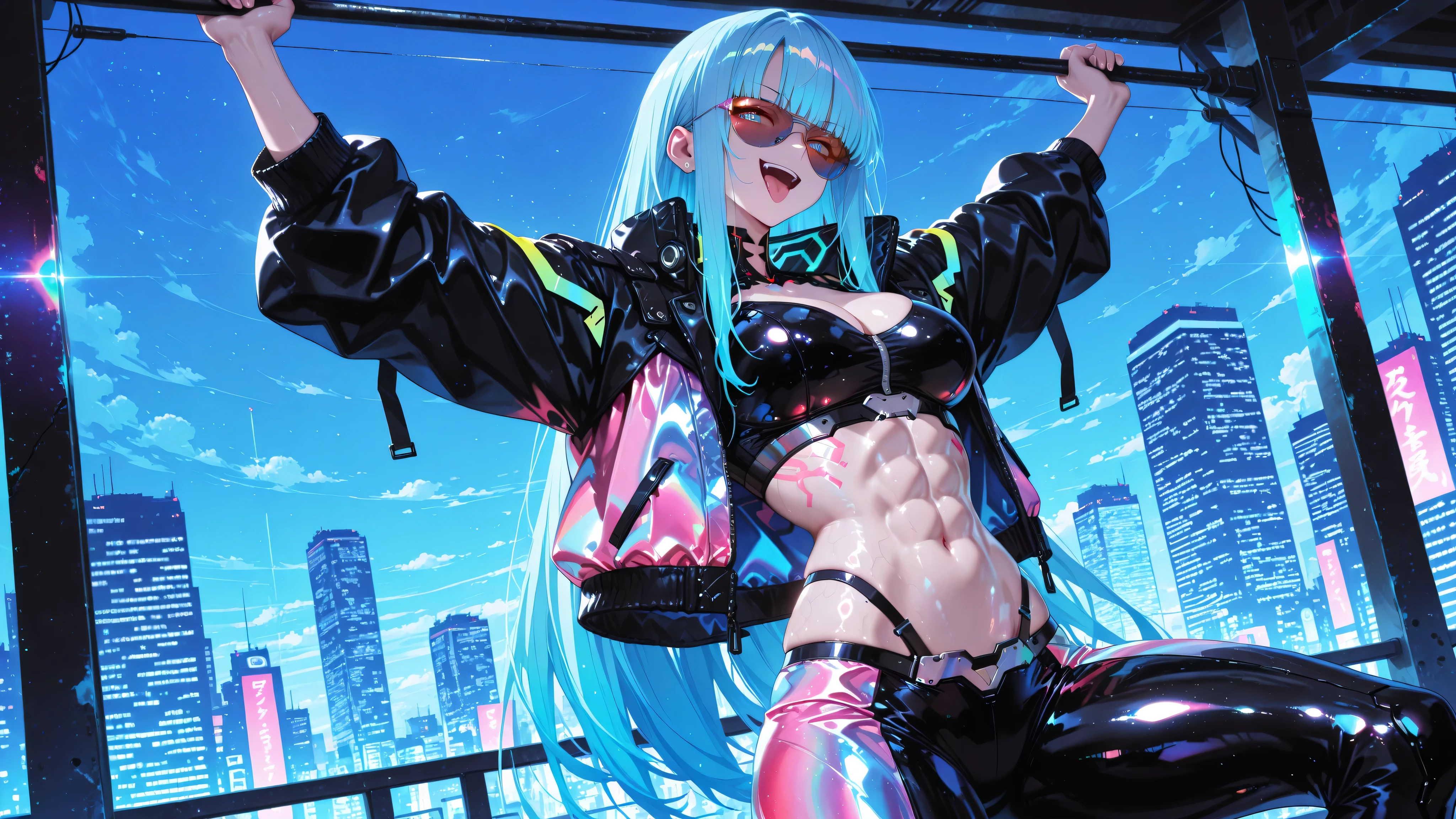 high resolution , high resolution , masterpiece , Anime Coloring , glossy skin , cyberpunk style suit , multicolored outfit , jacket , open jacket , sunglasses , blue hair , iridescent eyes , solo , flowing long hair . beautiful long hair , Modern city , , Naughty Face , workout , training , Abs