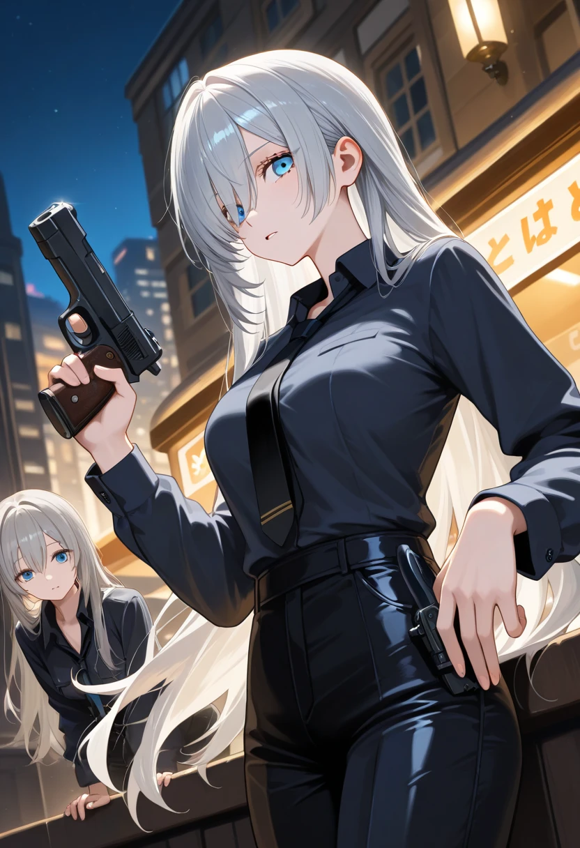 a woman in a bodystocking fights with a man who has ammunition hanging on his arm, a destroyed factory