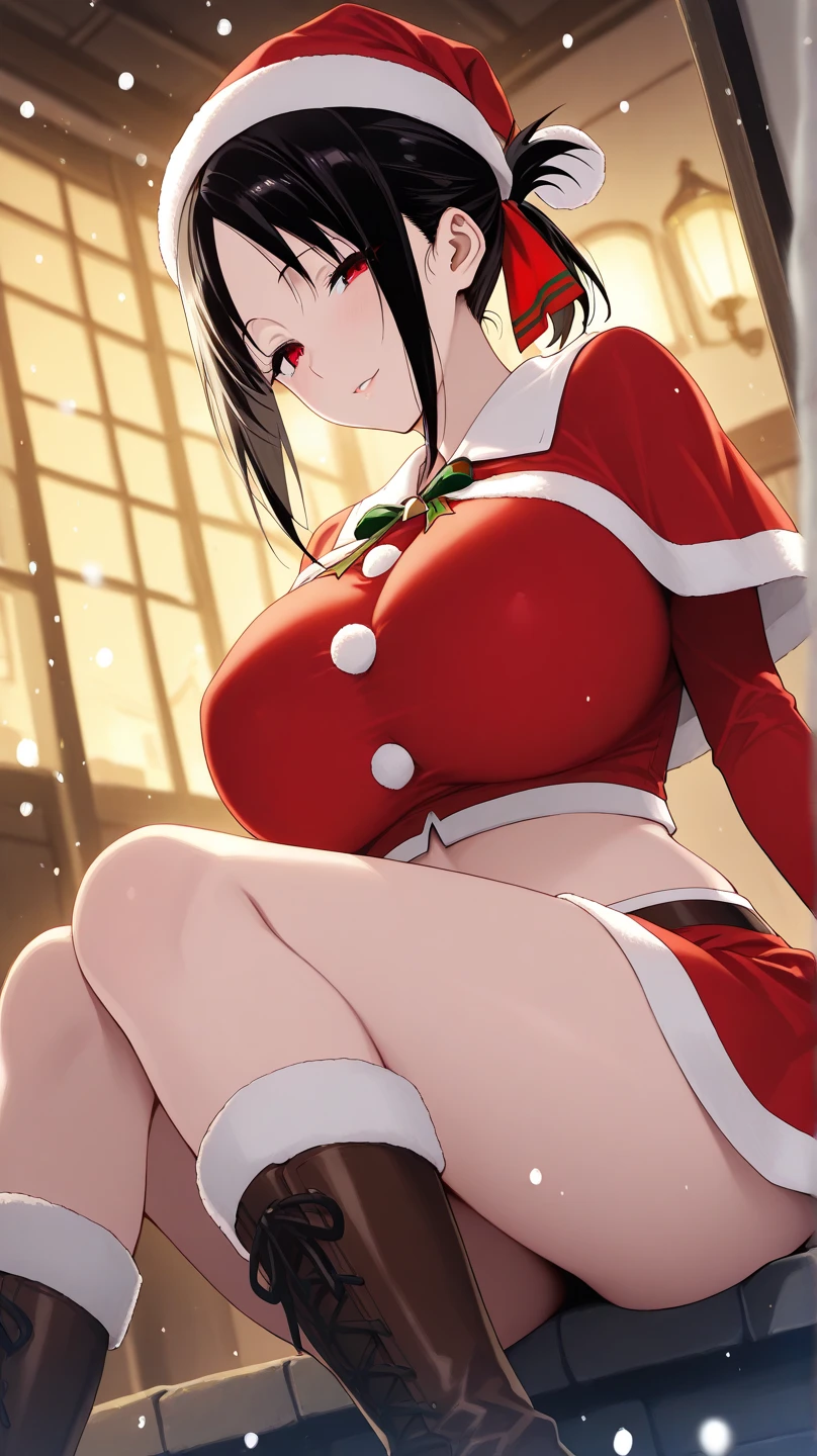 "anime girl, 1 person, dark brown hair, ponytail, ponytail, tied hair, brown eyes, socks, santa hat, winter outfit, red dress, big breasts, blushing, full nude body, snowfall, christmas gift box, christmas, solo, front view, (full HD 4K+ image)",big boobs , see through boobs, open boobs