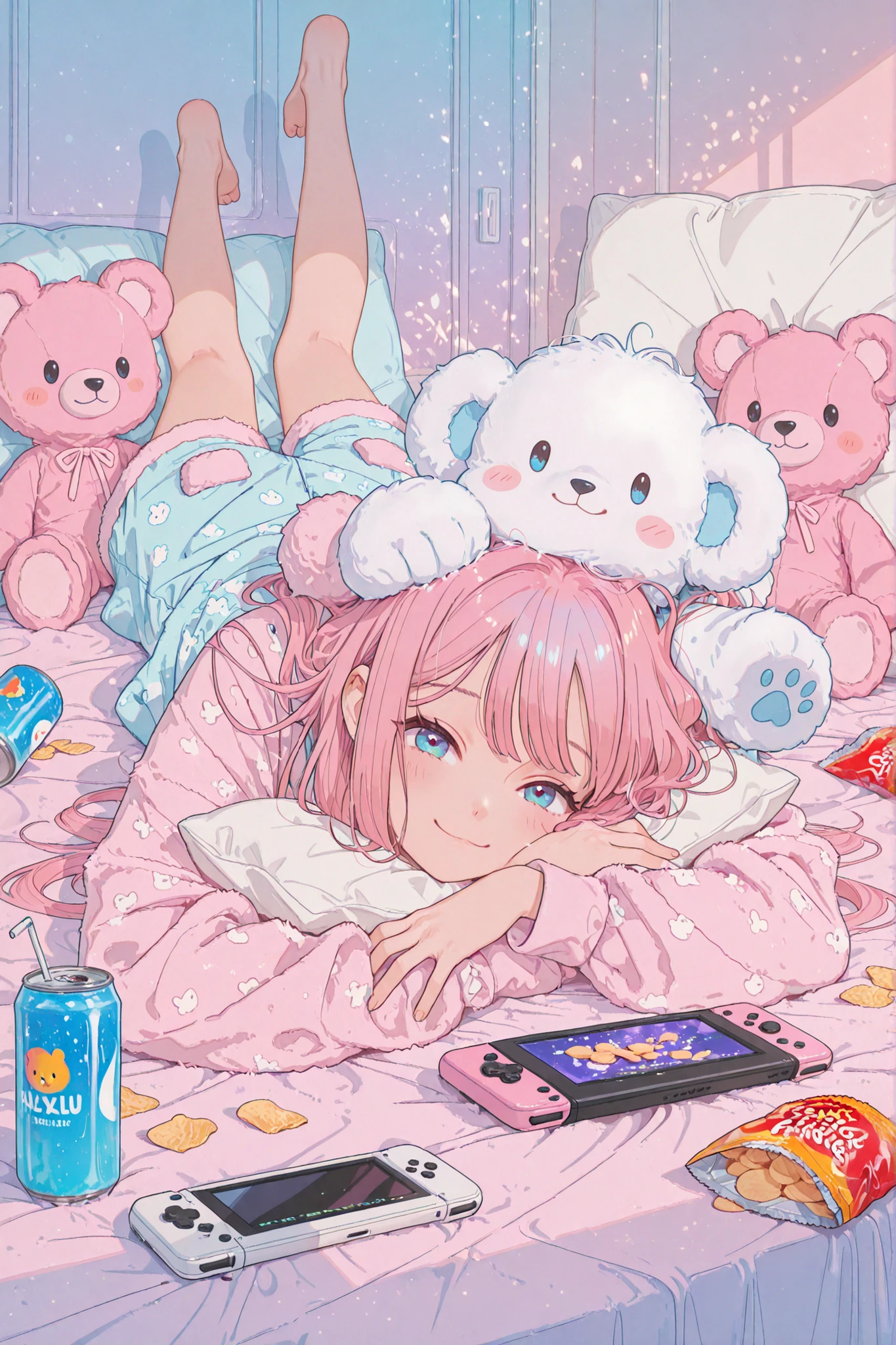 beautiful woman, lying face down, hugging a large fluffy white pillow, resting her head on it, dreamy smile, gazing toward viewer, one leg bent upward, soft pastel lighting, wearing fluffy pajamas like Gelato Pique, zip-up long sleeve top, short pants, pink color, pink fluffy long hair, voluminous waves, light blue eyes, soft cheeks, relaxed expression, cozy bedroom scene, surrounded by scattered pastel blue items, handheld game console, teddy bear plushies, snack wrappers, chips, soda cans, girly and playful atmosphere, sleepover setting, upper body to thighs composition, fluffy bedding, dreamy lighting, cinematic glow, soft shadows, 8k, UHD, masterpiece, high quality, best quality, absurdres, ultra detailed