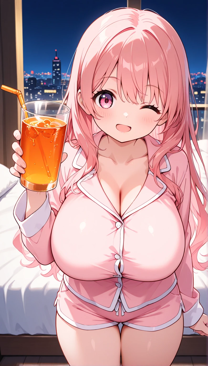 1 girl, game CG, see-through sleeveless blue gym uniform belly, button visible, short white skirt, hair ribbon, gigantic breasts, pink hair, long hair, straight hair, ahoge, pink eyes, outdoor, smile, open mouth, hands offering something, sitting on a chair, food, drink,
