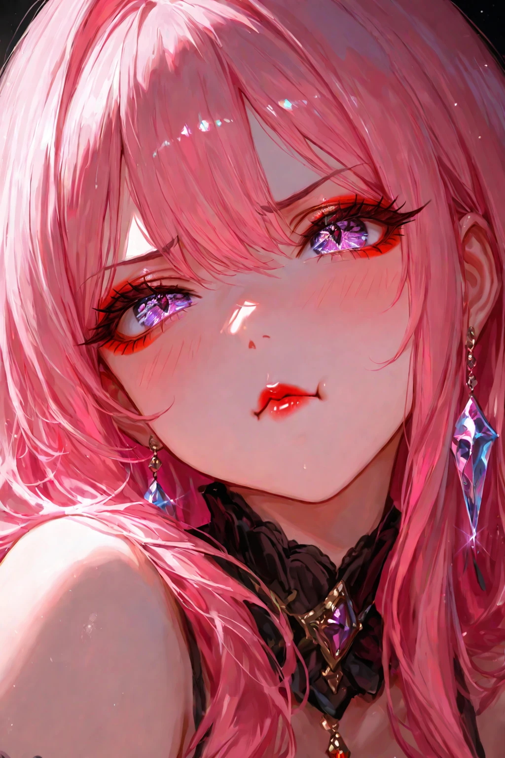Cool women、sexy、Center of chest、Rize from Chainsaw Man、beauty、Yandere、、Face close-up、Chest tattoo、Red lace、necklace、(Looking up)、(Pink hair)
