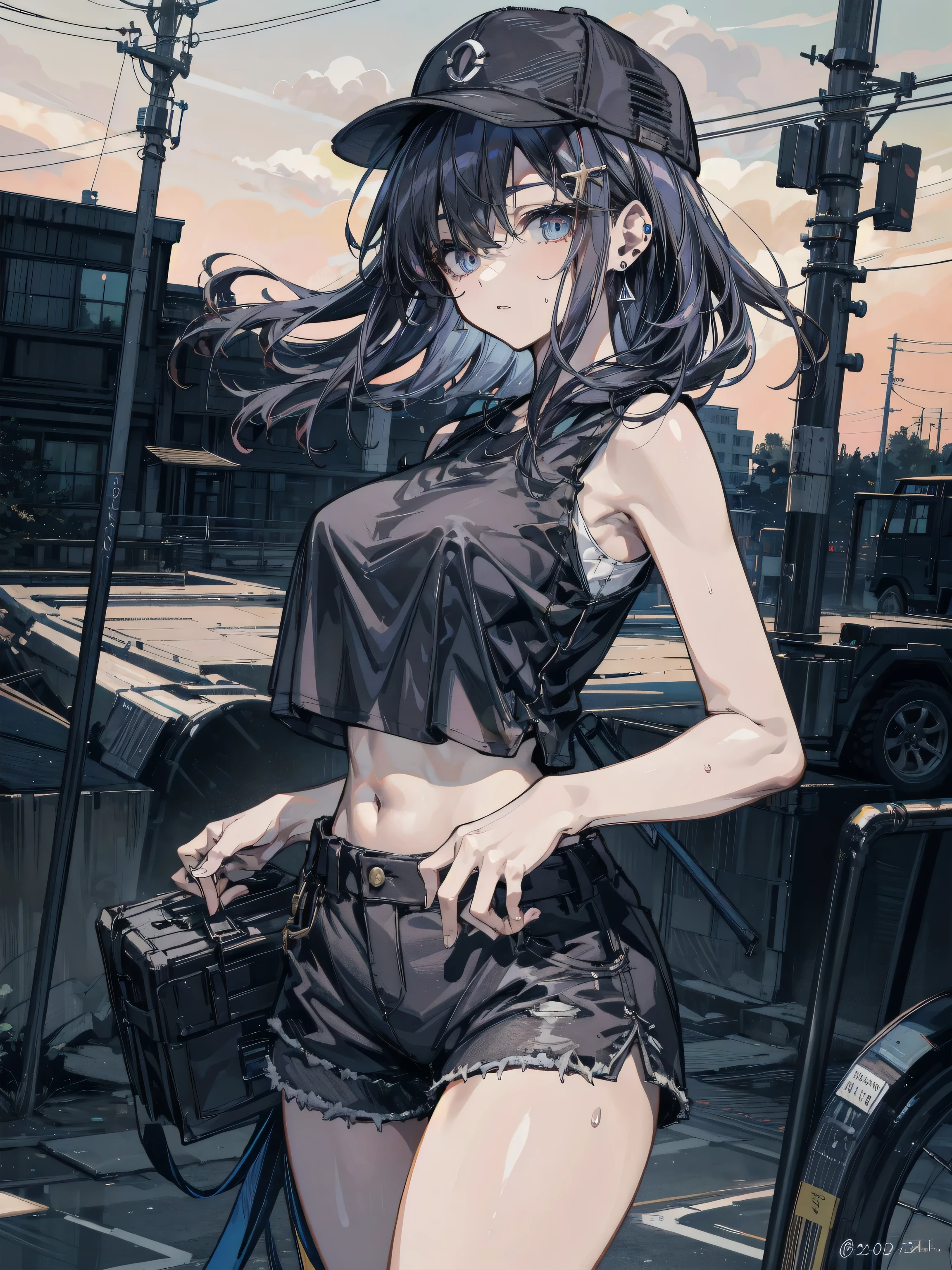 whole body, RAW photo, extremely delicate and beautiful, masterpiece, Best Quality, ultra high resolution, 16k, hyperrealistic, realistic, photorealistic, photo-realistic, ultra-detailed, detailed description, pale skin,  in her 20s, very Slim body, narrow waist, very small head, very small face, delicate facial features, big tits, medium hair, black hair, tearful mole, earring, t-shirt, tank top, Hot Pants,