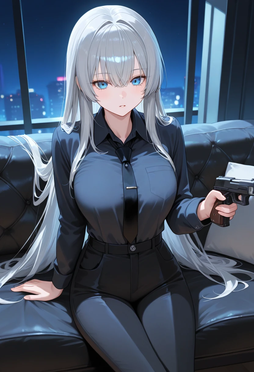 sovetsky_Soyuz, grey hair, long hair, earrings, choker, black shirt, black suit, black pants, black gloves, Cleavage, large breasts, first rate breasts, grey eyes, sharp eyes, Long eyelashes, symmetrical eyes, eye shadow, ominous vibe, expressionless, stoic, relaxing, anime, aesthetic, Anime screenshot, Ultra quality, UHD, high detail. Reception, hotel, night time,sofa, sitting, gun, pistol