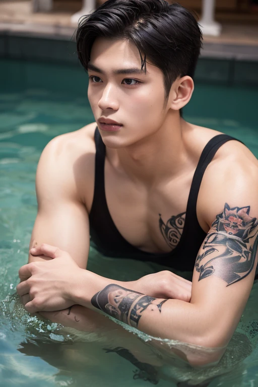 hot Japanese Tattoos male model, Vogue magazine cover, shirtless oily body and face, pierce ears hairy pubic, tight underwear, vintage style, grey wall
