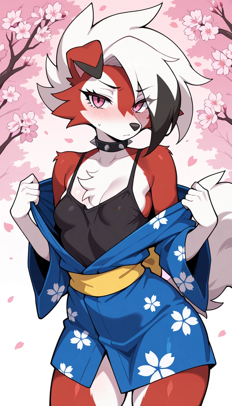 top quality, best quality, by yamame513, High-quality illustrations, masterpiece, uploaded on e621)(kemono, furry, anthro, alone), round, 1 female, hot mother figure, very detailed body, kitsune, big breasts, scars, grey furs, fluffy, tails, perfect eyes, fire eyes, shrine protector clothes, cherry blossom branches, body movement, body twitching, shy smile, red blushing, looking at viewer,