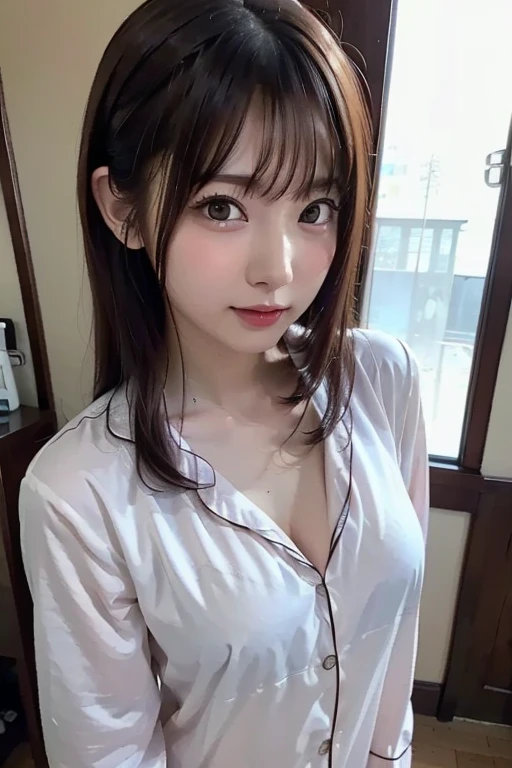 (close up:1.3), one girl, (a beauty girl, delicate girl:1.3), (:1.3),
break, (pajamas, white pajamas:1.2),
break, very fine eye definition, (symmetrical eyes:1.3),
break, (bedroom:1.3),
break, small breasts, brown eyes, parted bangs, brown hair, girl,
break, (eyes and faces with detailed:1.0),
break, (masterpiece, best quality, ultra detailed, detailed face, 8k)