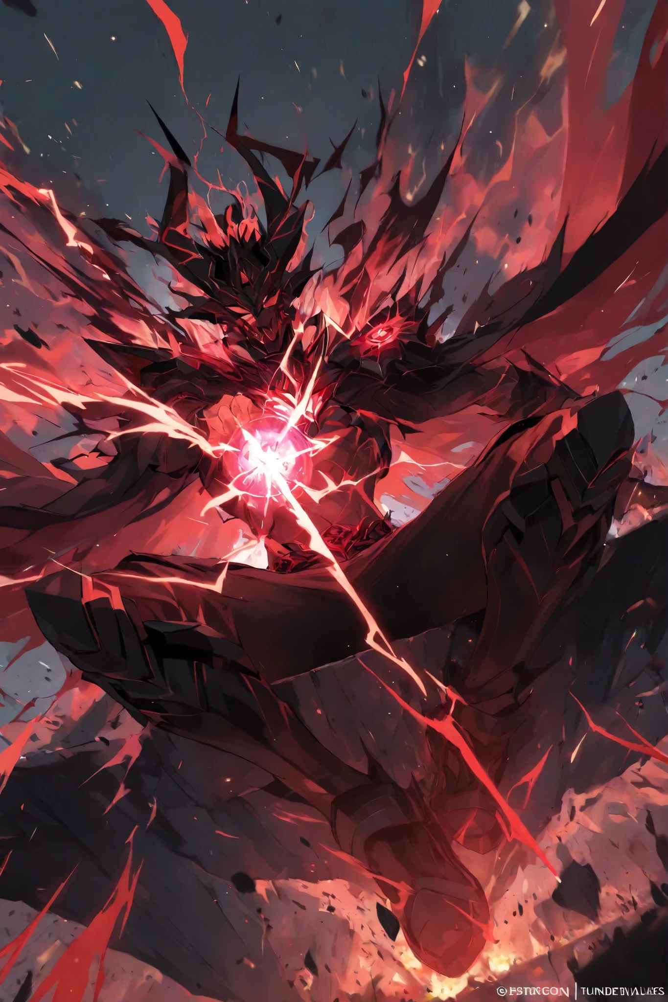 masterpiece, best quality,1  Satan,best quality,heroic pose,dynamic angle,dynamic background,with epic light effect, high angle shot,like CCTV footage,dark burst of effects radiating from the center, outward flow of magic or particles, dynamic spread from core, thunder visual explosion of  dark,dark  thunder waves expanding from a central point, face clearly visible, character illuminated from within,dark red magic,devil king,sitting