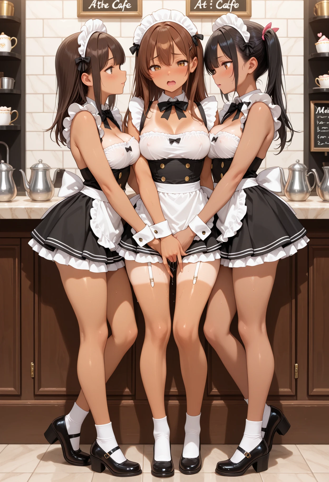 (((masterpiece, Highest quality, High resolution, 超High resolution, Perfect Pixel, Depth of written boundary, 4K, RTTX 10.0))), Beautiful Anime Women, Beautiful art style, Anime characters, ((Smooth texture, Realistic texture, Anime CG Style)), Exact finger count、Exact number of legs、(Exact number of arms:1.0, Exact number of hands:1.0), (Perfect hands, Perfect Anatomy), Cinematic, Realistic, Extremely detailed CG, Daytime lighting, Perfect lighting, Best Shadow, The best natural light, Perfect body, バランのとれたPerfect body, Perfectly balanced style, (Slender body:1.2), Small face, whole body, ((Long Hair, bangs, Dark brown hair, Various hairstyles, Bobcut, Twin tails, ponytail)), ((Beautiful eyelashes)), ((Detailed face:1.2)), (Four grown women are standing side by side, lifting their skirts:1.3), (Fashionable white shirt, Sailor collar, matching sailor suit, Navy pleated mini skirt, garter belt, Garter Strings, Knee socks, High heels, Maid Headband:1.3), (School classroom:1.3), ((Sexy and cute white underwear:1.3), (Stylish shiny white satin panties, Side-tie panties, Panties with plain white center and lace decoration on the sides:1.3), (Thin panties with ribbon:1.3)), Low front angle, (Beautiful and big breasts)