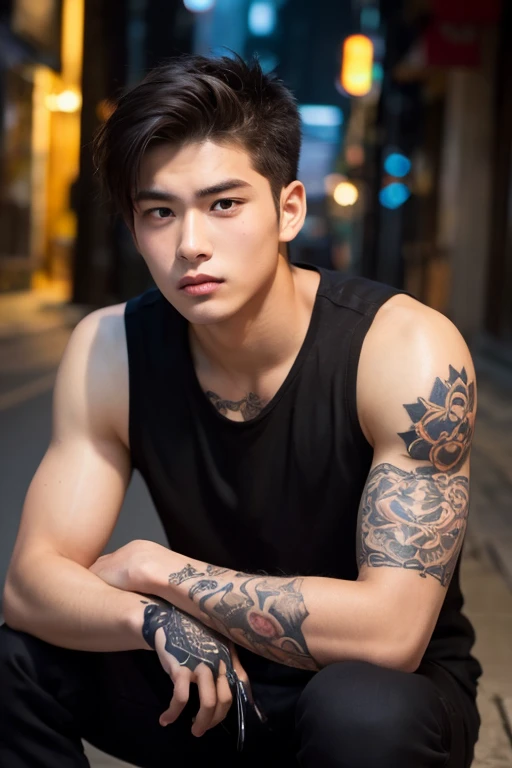 (8K, RAW photo, Highest quality), Realistic, 1 super handsome chinese man, movie star idol, frontage, Intricate details, Closed mouth, Extremely detailed eyes and eyelasheuscular male, mess curly style hair, detailed hair, Manly, 20 years old, ,looks away, Male focus, Solo, Open the transparent robe,Exposing the pectoral muscles,Exposing abs, muscular,cool earings, cool expensive hand watch ,big chest abs, tattoo chest, tattoo arms, tattoo hands, tattoo belly, tattoo legs, tattoo bach, full bodyesbian, Night sky, Soft lighting, Cinematic lighting, Portrait, Close-up, Lovingly, naked, long big dick masturbate, dick in good shape,flawless perfect dick, detailed vein in dick, open legs,