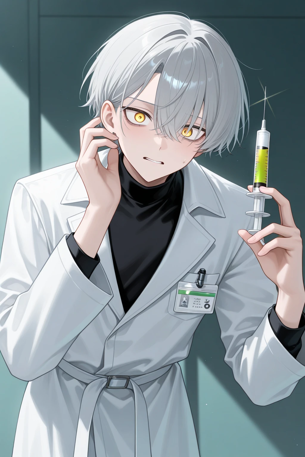 Man with short messy wavy white hair, dull light green eyes, white eyelashes, skin fair, mischievous look and smile, lip piercings and black earrings in the ears. Wears a black suit with white details and a green tie, uses a skull-shaped tie clip, holding the lab coat in one arm, skull shaped neck tattoo, black fingerless gloves and black painted nails and is a scientist.