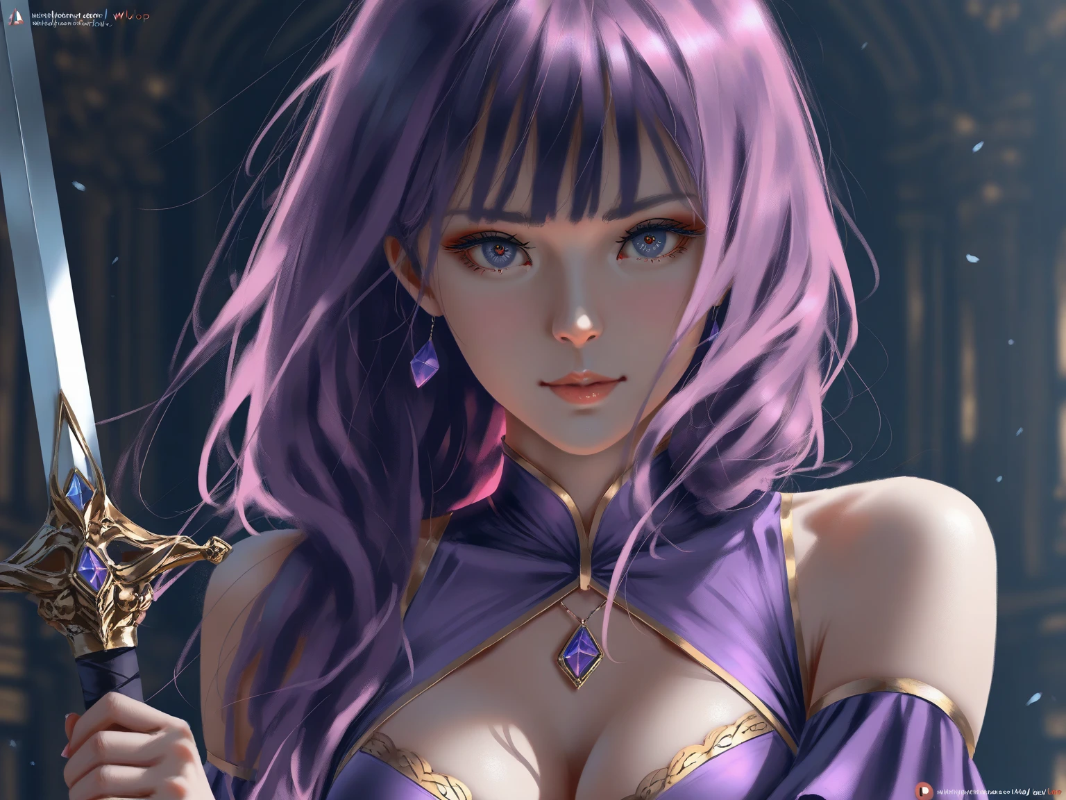 masterpiece, best quality, beautiful detailed hair detailed face, perfect feminine face, a beautiful and cute girl with sparkling and glowing purple hair, floating hair by wind, (sparkle particle), lens flare, sharp focus, volumetric lighting, trending on artstation, pixiv, by sakimichan, george kamitani, akira yasuda, alphonse mucha, greg rutkowski