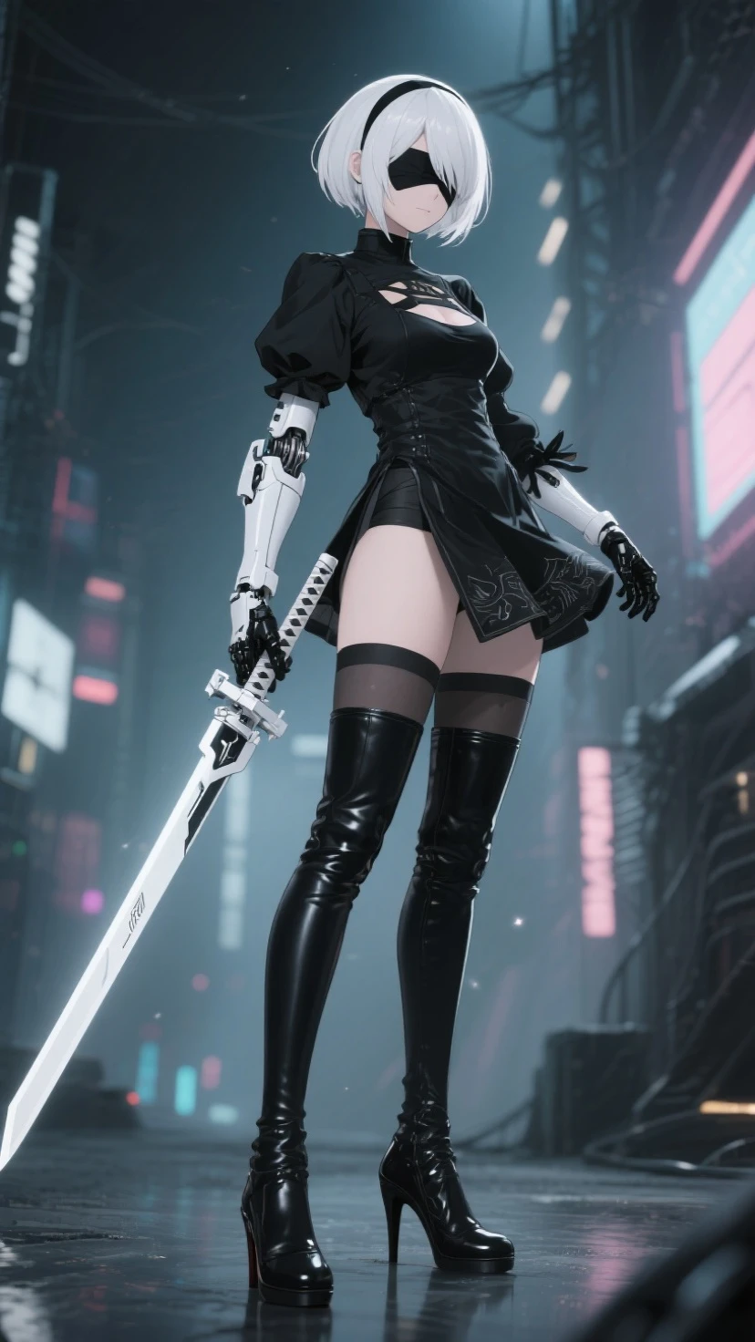 (((masterpiece, top quality, ultra detailed))), (((ultra photo-realistic 3D))),high resolution,32k,Focus on the thighs and above,RAW photos,digital photography,(Sci-fi style female family),20 year old girl,Long ponytail hairstyle,through bangs,(purple eyes),(white hair),plump breasts,felling,Elegant and noble,Serious and indifferent,Open white coat,Black camisole bra,rich details​,shut your mouth,show your belly button,intricate ornaments,Cyberpunk futuristic style,(female scholar),photo poses,White background,oc render reflection texture, very long thin legs, Complex mechanical over-the-knee stockings, Mandala, Lots of neon gras are crossed and scattered, Have a huge weapon with very complex mechanical devices, A highly complex machine shop surrounded by flames, Very dark night background, Very dramatic and cinematic lighting, (High dynamic range), Ray tracing, NVIDIA RTX, Super Resolution, Unreal 5, Subsurface scattering, PBR Texturing, Post-processing, Anisotropy Filtering, depth of fields, Maximum clarity and sharpness, Multilayer textures, Albedo and specular maps, Surface Shading, Precise simulated light material interactions, Perfect proportions, Octane Rendering, Two-tone lighting, Wide aperture, Low ISO, White Balance, thirds rule, 16K RAW,