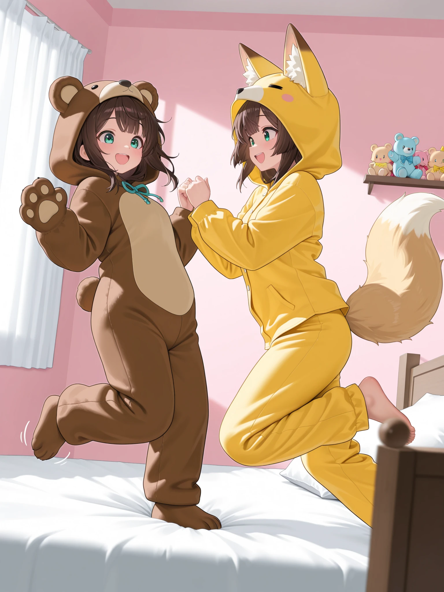 masterpiece, best quality, amazing quality, very aesthetic, high resolution, ultra-detailed, girl with girl, 2 girls, jumpting together, in air, on bed, happy, excited, yong, cute, pretty, look at each other, hands up, girl 1:fox ears, wearing yellow pajamas suit (fox suit) fox tail, open mouth, beautiful eyes, girl 2: wearing brown pajamas suit (bear suit) with hood on, paws, dynamic pose, side view, dynamic angle, bedroom, bed, pink walls, plushy, toys, pillows, furniture, curtains,