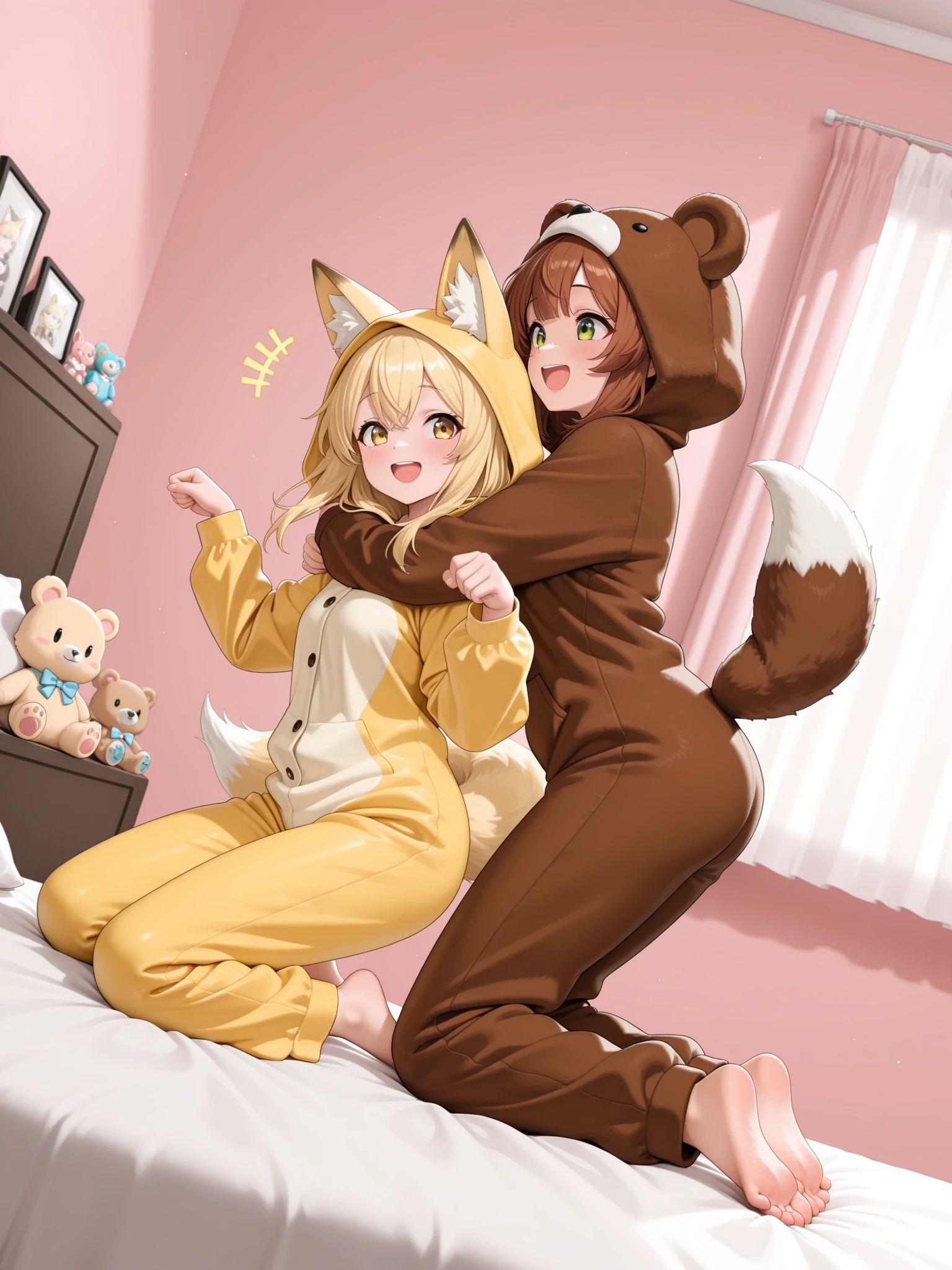 masterpiece, best quality, amazing quality, very aesthetic, high resolution, ultra-detailed, girl with girl, 2 girls, jumpting together, in air, on bed, happy, excited, yong, cute, pretty, look at each other, hands up, girl 1:fox ears, wearing yellow pajamas suit (fox suit) fox tail, open mouth, beautiful eyes, girl 2: wearing brown pajamas suit (bear suit) with hood on, paws, dynamic pose, side view, dynamic angle, bedroom, bed, pink walls, plushy, toys, pillows, furniture, curtains,