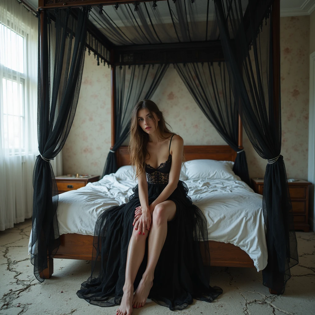 ((You may be one person to the world but you may also be the world to one person, paradox, Adrian Ghenie, jenny saville, edward hopper, dark art by James Jean, Takato Yamamoto)),(RAW photo, best quality), ((Nostalgia,1980s syle)),(A girl with a literary atmosphere:1.2),(realistic, photo-realistic:1.3), extremely delicate and beautiful, Amazing, finely detail, masterpiece, ultra-detailed, highres,best illustration, best shadow,intricate,depth of field,1girl,(long legs:1.4),long hair,messy hair,((((low key,dark scene,dimly lit)))),fat,(((soft lighting:1.4))),(pale skin:1.4),(shy smile),(cinematic angle),sharp focus, volumetric fog, 8k UHD, DSLR, high quality,( film grain:1.4), Fujifilm XT3,(looking at viewer)