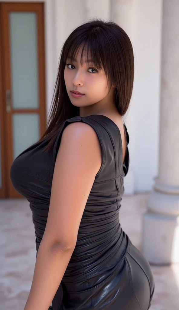 (melhor qualidade, obra-prima),modelo negra, cabelo cacheado, sexy, vestido preto, curvy body, Shining in the sunlight, movimento sensual, fundo escuro e misterioso.