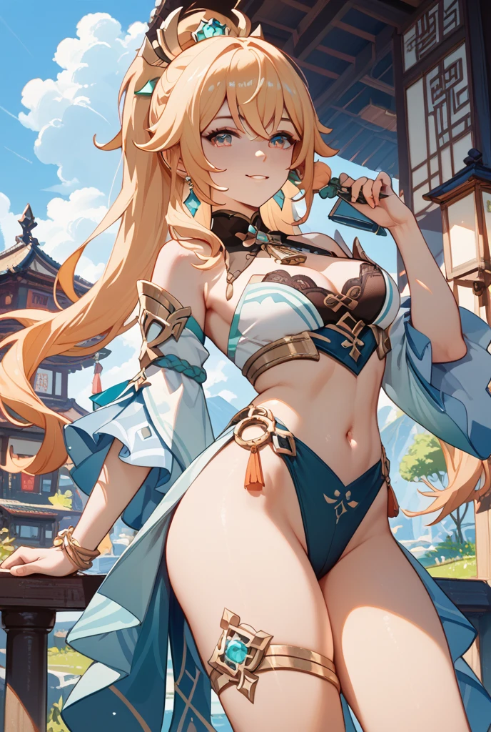 Wearing a bikini、Wearing a hat and a sword,Wearing headphones, (masterpiece, best quality) detailed,silver accessories , Blonde ,elegant, Pointed ears ,Chinese element pattern,Wear a white shirt,Navel exposed,