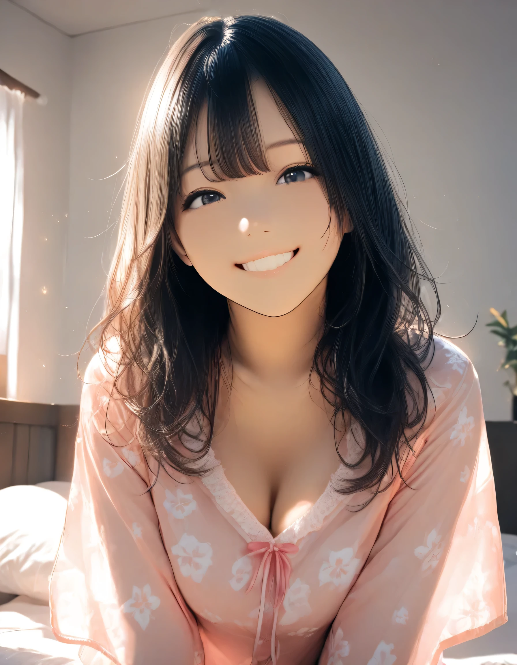 1girl, year 2019, upper body, summer, bedroom, Pajamas, smile, masterpiece, high score, great score, absurdres, 16k, Ultra detailed, (photorealistic : 0.5)