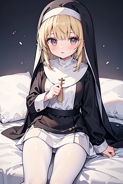 aasister, long hair, nun, habit, white capelet, neck ribbon, (black dress:1.2), long sleeves, white gloves, full-length zipper,huge breasts,expressionless,(paizuri:1.5),(((spoken heart))),all on fours,(from above)