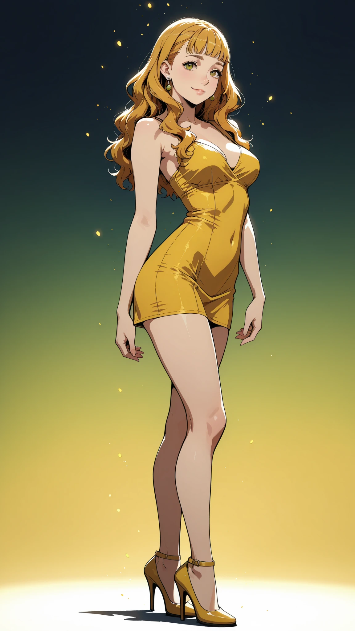 short black hair, with slightly messy bangs. penetrating brown eyes.  Thin and marked build.  She wears a yellow elegant dress and black shoes.Full body image. Booty, busty. Marvel style, comic style