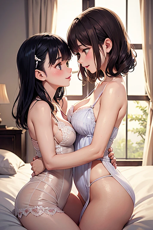 Best Quality,High resolution,8k,finelity detailed background,Masterpiece:1.2),(Two Beautiful Girls 1.3),Huddle together,The beautiful girl on the left has lustrous romantic grey hair.,asymmetrical hair,Beautiful grey eyes,Gentle look,A refreshing look,(smile)NUDE,The beautiful girl on the right has shiny brown hair.,asymmetrical hair,Beautiful brown eyes,Gentle look,A refreshing look,(smile)NUDE,Best quality,Best Quality,Aesthetic and aesthetic:1.2,Best details((Super detailed))(High-definition CG illustrations),Upper Body,(Cleavage:1.2)Slender body,night,moon,Bedroom,On the bed,smile,blush,cute,Scrounge,Looking up,Being spoiled,super model,(NSFW:1.3),(1 girl, a girl is grabbing girl’s breasts from behind:1.3),NUDE,on the bed, (sweat:1.7), (steam:1.5)