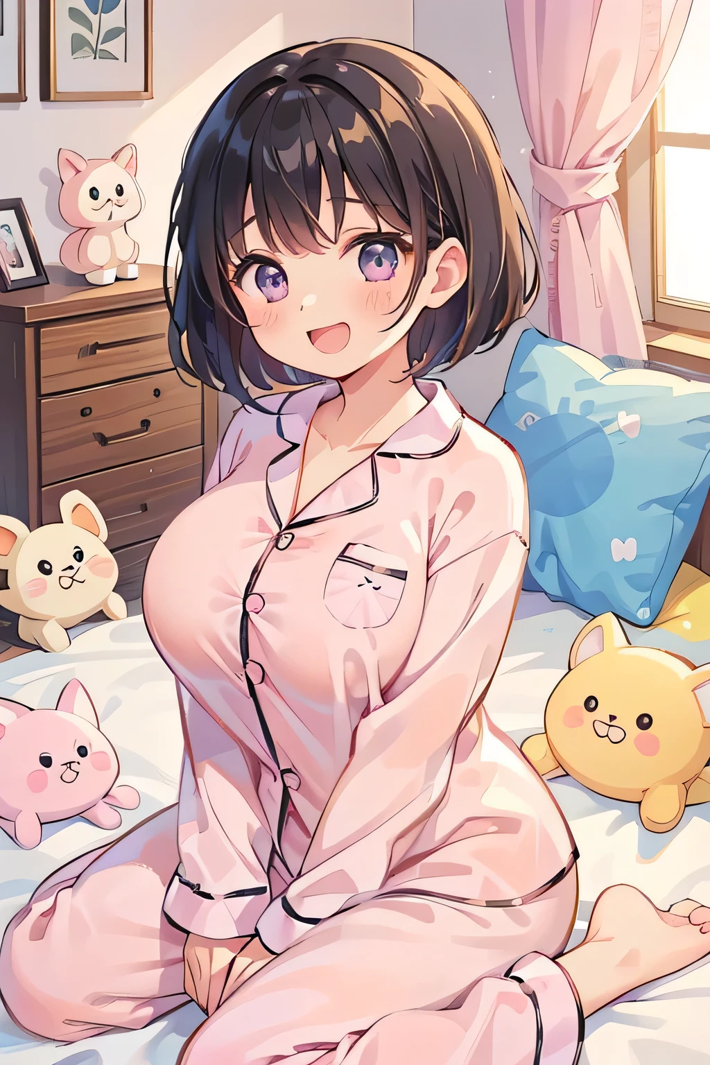 1girl, 独奏, medium breasts, dark skinned girl:1.2, ,(dark skin:1.8), black hair, short hair, pixie cut, wavy hair, (((open eyes))),  wake up yawn, open mouth, covering mouth, pijamas, (white pajamas), window, morning, looking at viewer, sitting, seiza, waking up, on bed, full body,  ((ultra detailed, masterpiece, best quality, 8K)),(Urine-stained futon,Pee-stained futon,Steam from crotch,Hospital room,Urine vapor),((Open your eyes)),((huge breasts)),(片Open your eyes,Open only one eye,Surprised face),cheek,(6yo),NSFW,(((littlegirl))),puffy nipples,((((Open pajamas))))